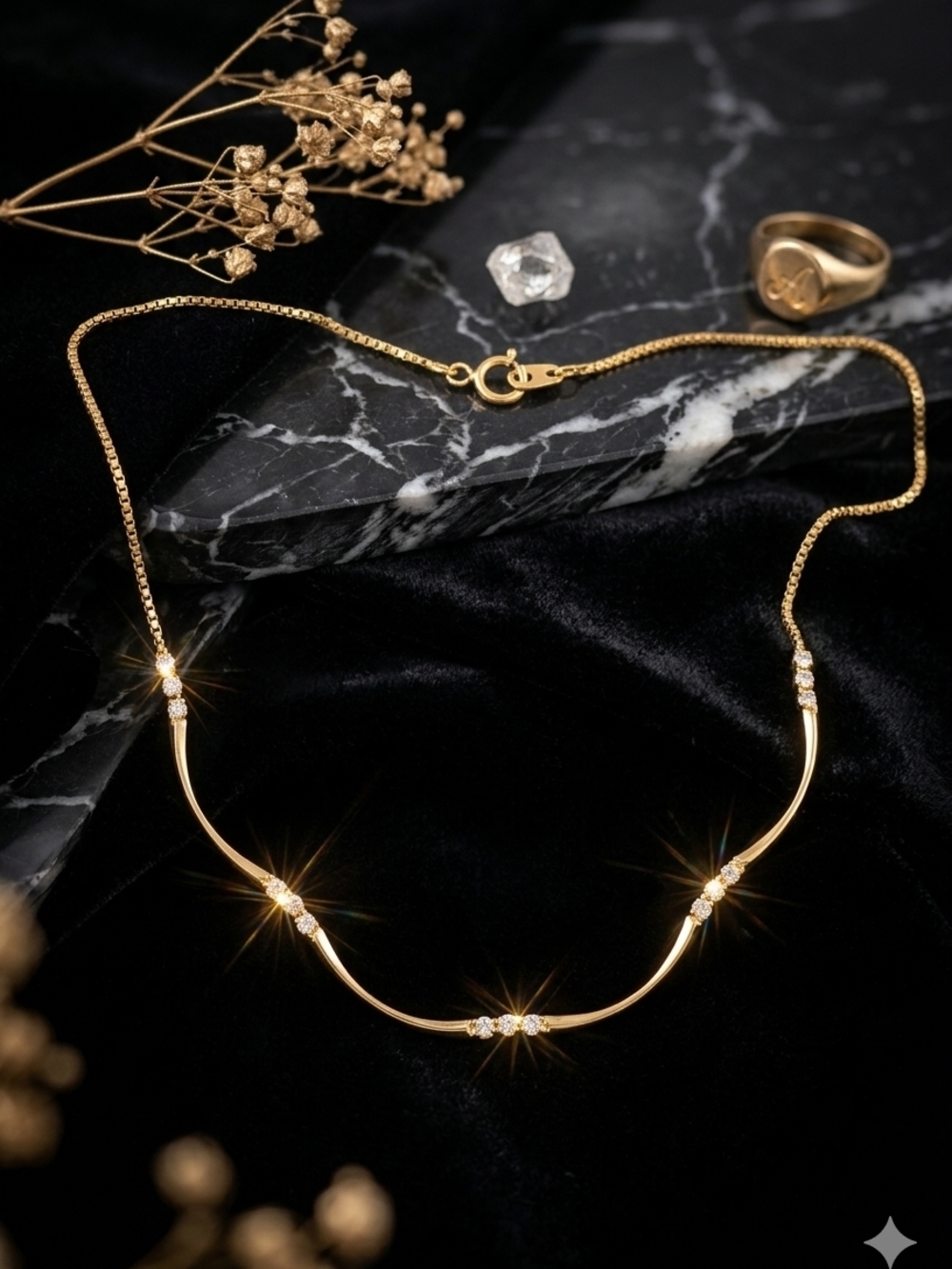Gold Curved Bar Necklace with Cubic Zirconia Accents With Star Stamped.